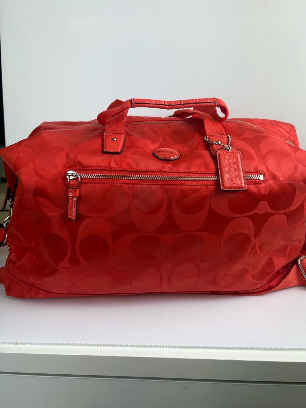 Coach Signature Hot Orange Nylon Travel Weekender Duffle Bag